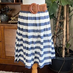 Remain Knee Length Striped Blue & White Skirt with Brown Woven Wide Belt S